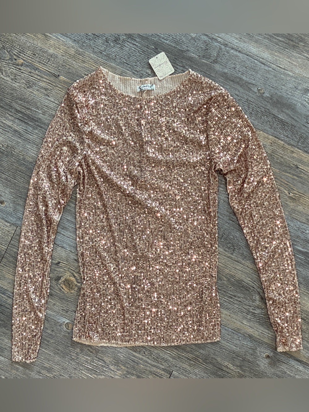 NWT Free People Intimately Small Champagne Sequins Long Sleeve Top Date Night